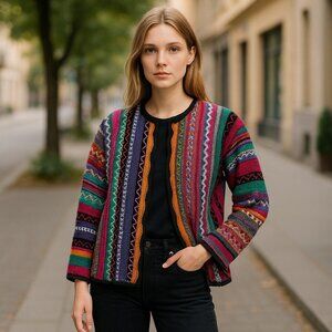Casual Corner Limited Edition Knitted By Hand Cardigan Sweater Small Rainbow